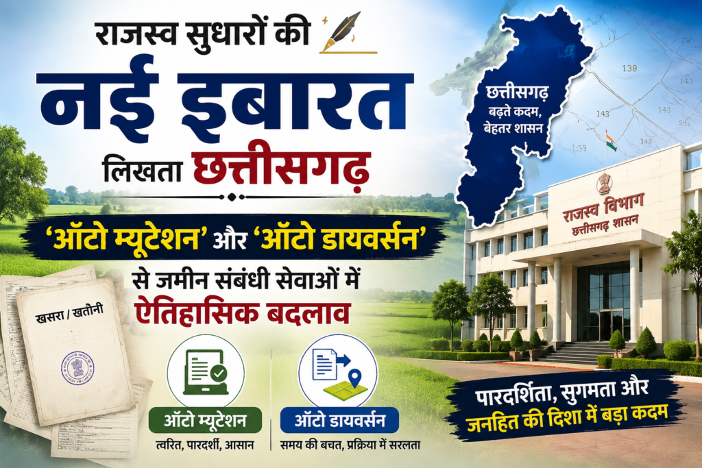 राजस्व सुधारों की नई इबारत लिखता छत्तीसगढ़: ‘ऑटो म्यूटेशन’ और ‘ऑटो डायवर्सन’ से जमीन संबंधी सेवाओं में ऐतिहासिक बदलाव