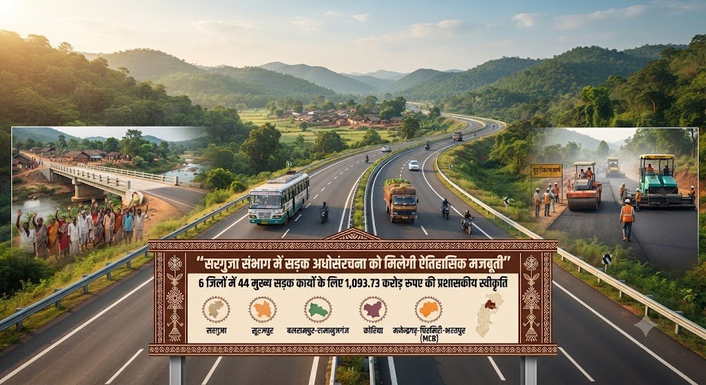 सरगुजा संभाग में सड़क अधोसंरचना को मिलेगी ऐतिहासिक मजबूती, 6 जिलों में 44 मुख्य सड़क कार्यों के लिए 1,093.73 करोड़ रुपए की प्रशासकीय स्वीकृति….