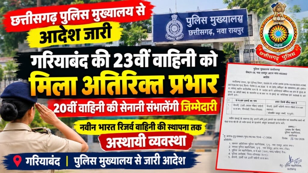 गरियाबंद की 23वीं वाहिनी को मिला अतिरिक्त प्रभार, 20वीं वाहिनी की सेनानी संभालेंगी जिम्मेदारी पुलिस मुख्यालय से आदेश जारी, नवीन भारत रिजर्व वाहिनी की स्थापना तक अस्थायी व्यवस्था।
