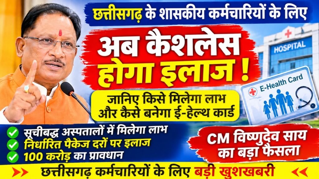 छत्तीसगढ़ के शासकीय कर्मचारियों के लिए बड़ी खबर: अब कैशलेस होगा इलाज! जानिए किसे मिलेगा लाभ और कैसे बनेगा ई-हेल्थ कार्ड।