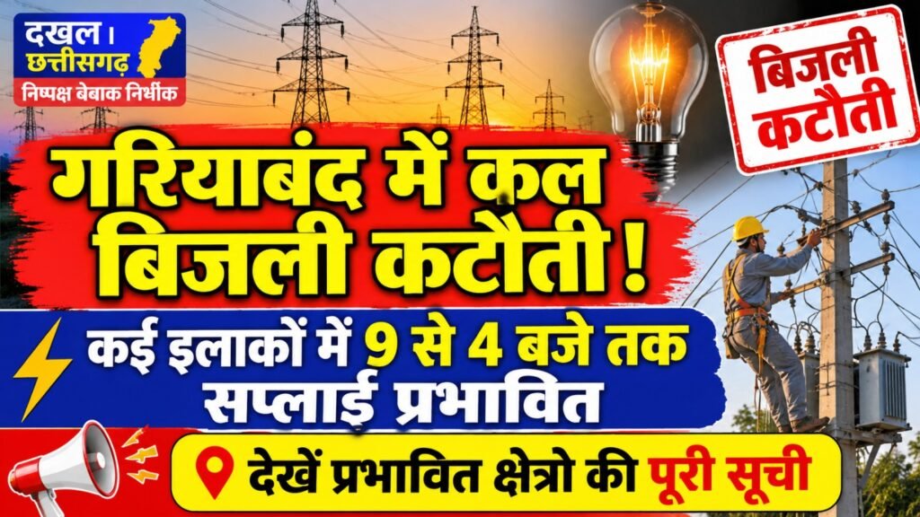 न्यूज़ अपडेट | गरियाबंद में कल बिजली कटौती, सुबह 9 से शाम 4 बजे तक अलग-अलग क्षेत्रों में प्रभावित रहेगी सप्लाई।