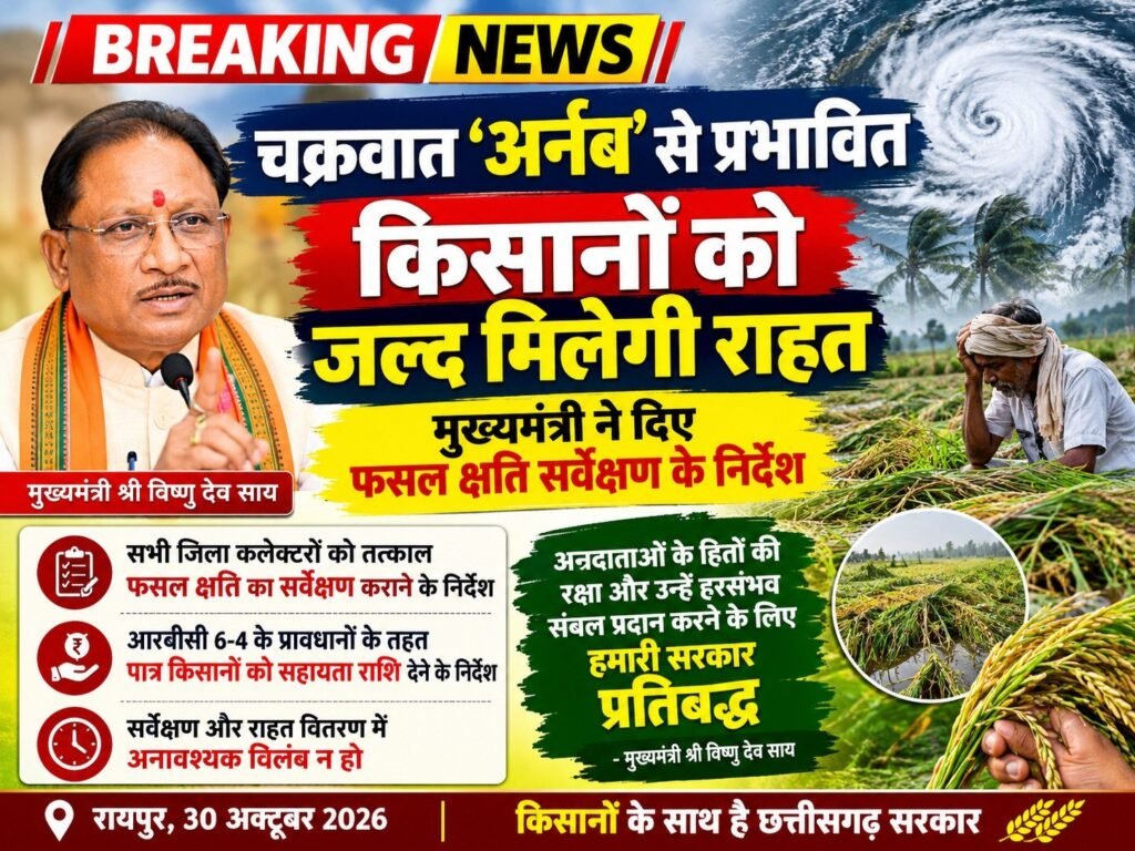 चक्रवात ‘अर्नब’ से प्रभावित किसानों को जल्द मिलेगी राहत, मुख्यमंत्री ने दिए फसल क्षति सर्वेक्षण के निर्देश